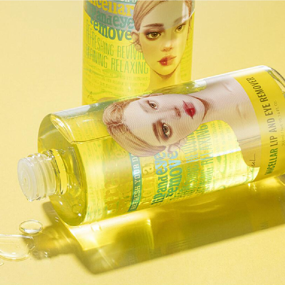 艾藜兒 淨膚保濕眼唇卸妝液 300ML 產品包裝與液體質地展示