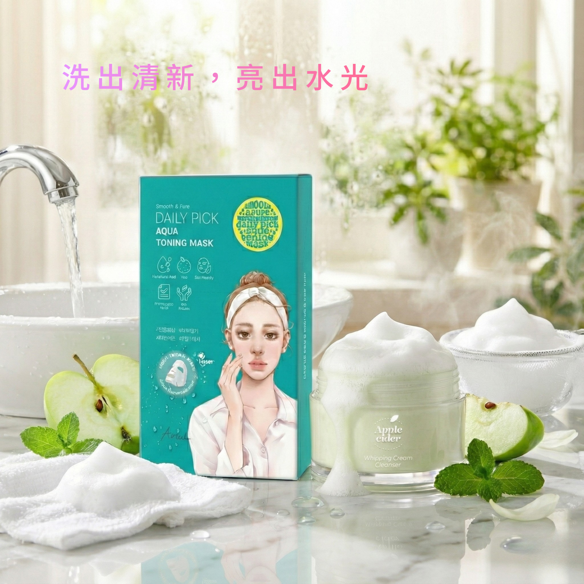 艾藜兒 淨膚亮采洗護組|蘋果醋發泡冰淇淋潔面霜 100ml+極水光面膜(5入)|淨+亮雙效組